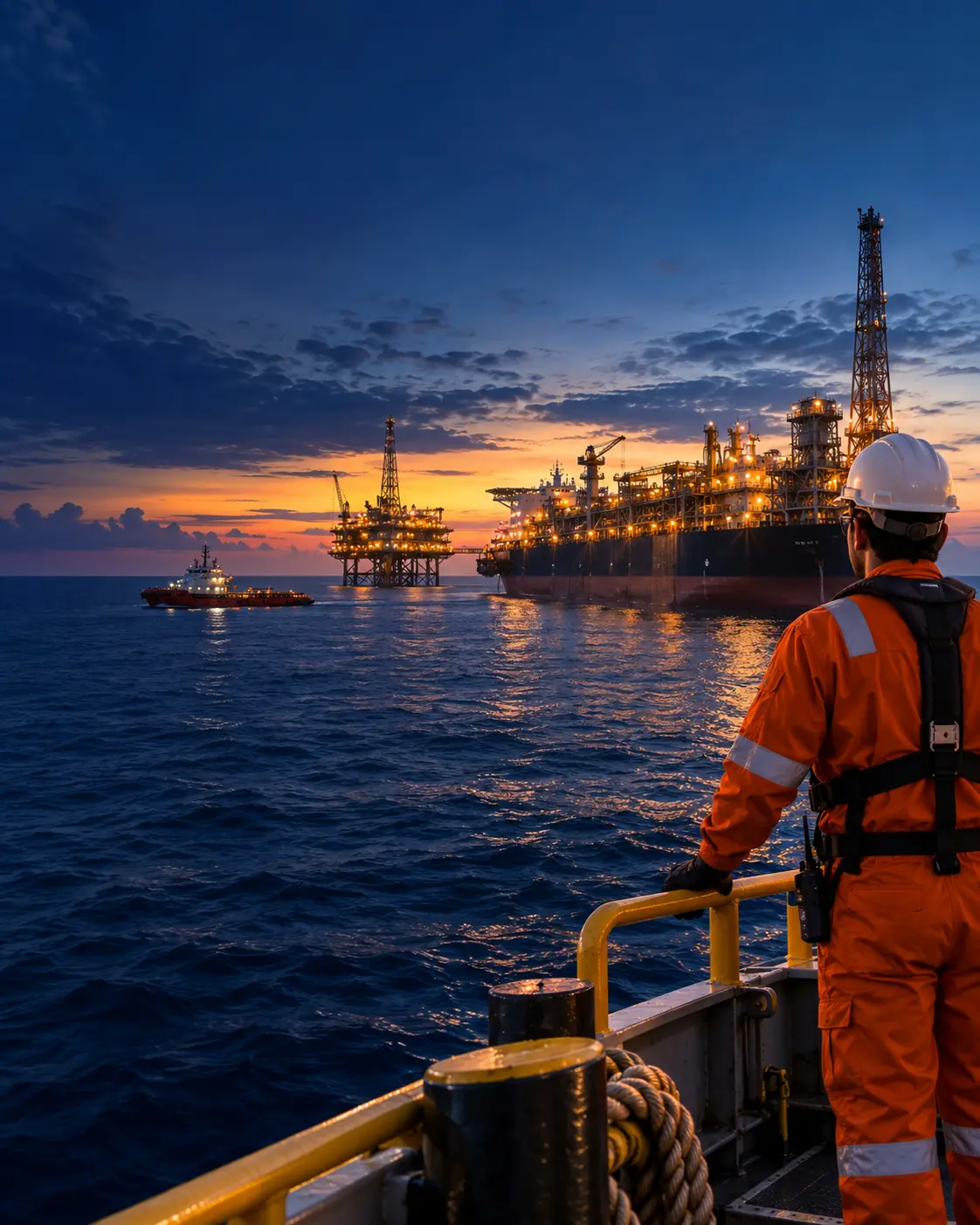 Operação offshore ao entardecer